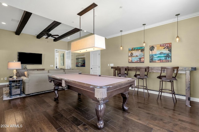 rec room featuring ceiling fan, dark wood-type flooring, beamed ceiling, indoor bar, and pool table