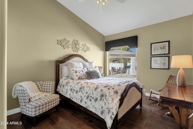 bedroom featuring ceiling fan, hardwood / wood-style floors, and lofted ceiling