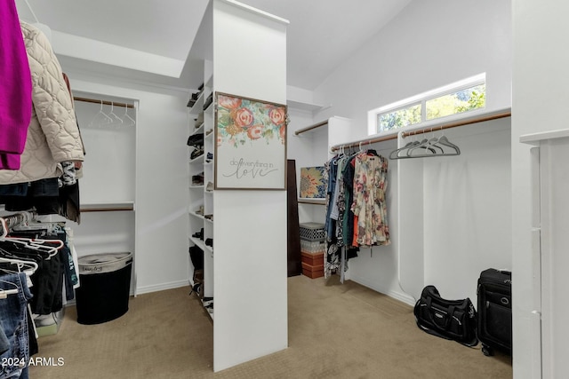 walk in closet featuring lofted ceiling and light carpet