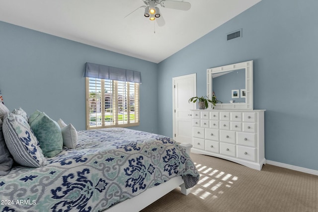 bedroom featuring ceiling fan, carpet, and vaulted ceiling