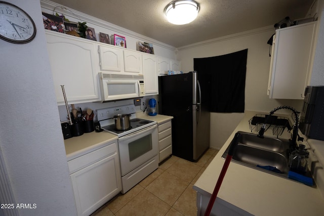 2301 E University Dr Unit 111, Mesa, AZ 85213 - kitchen featuring white appliances, white cabinetry, crown molding, light countertops, and light tile patterned floors