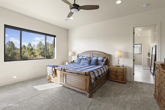 bedroom with ceiling fan, recessed lighting, carpet floors, visible vents, and baseboards