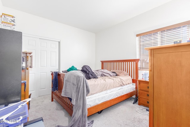 bedroom with light colored carpet