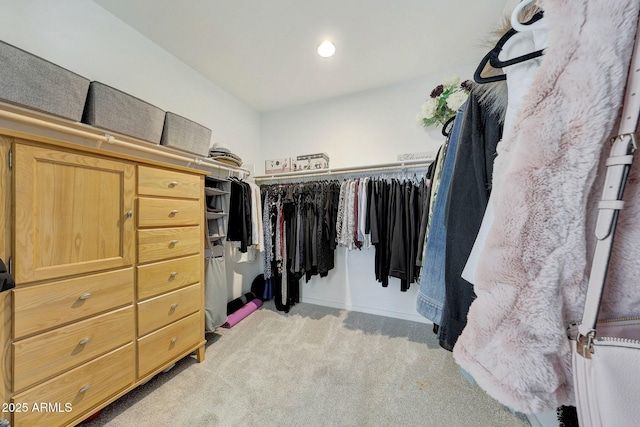 spacious closet featuring light carpet