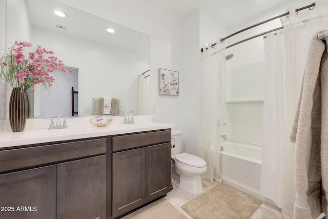 full bathroom with shower / tub combo with curtain, vanity, toilet, and tile patterned floors