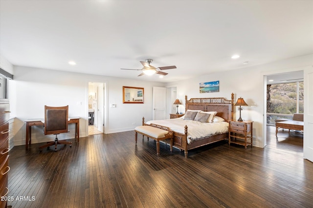 bedroom with wood-type flooring, baseboards, a ceiling fan, and recessed lighting