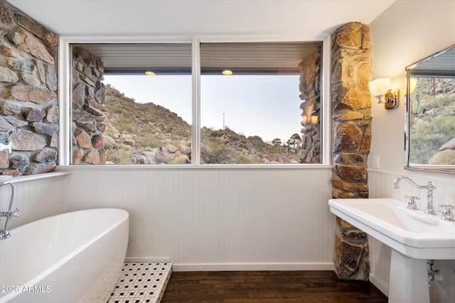 bathroom with a sink, a soaking tub, wood finished floors, and wainscoting