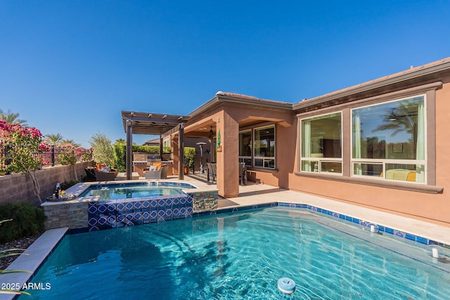 view of pool featuring an in ground hot tub, a patio, and a pergola