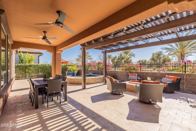 view of patio featuring an outdoor living space and a pergola