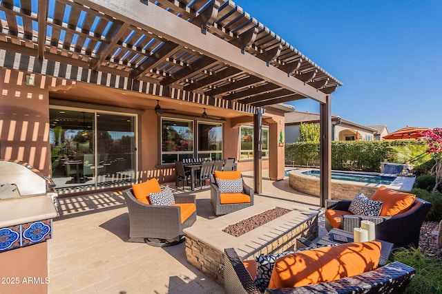 view of patio / terrace featuring a pool with hot tub, a pergola, and an outdoor living space with a fire pit