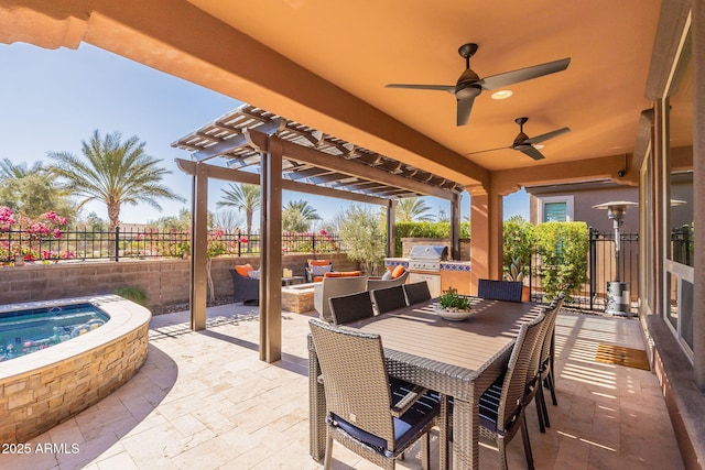 view of patio featuring exterior kitchen, an in ground hot tub, grilling area, and a pergola