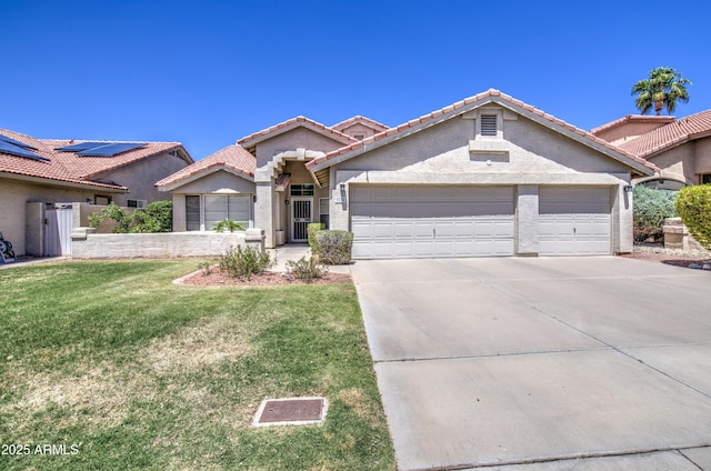 view of front of property featuring a garage, a front lawn, stucco siding, concrete driveway, and a tile roof
