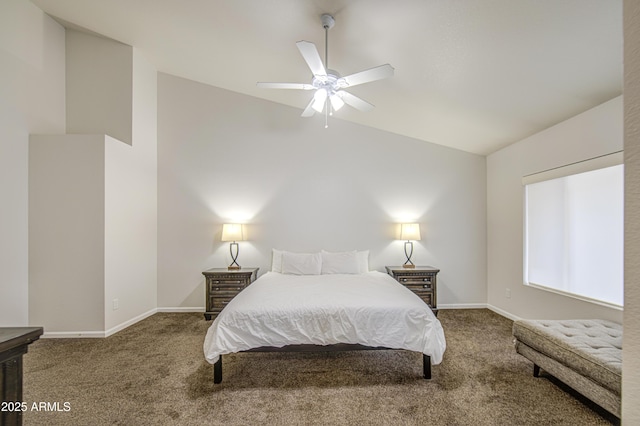 bedroom with baseboards, carpet flooring, a ceiling fan, and vaulted ceiling