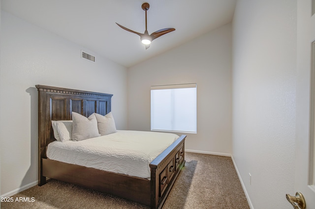 carpeted bedroom featuring baseboards, a ceiling fan, lofted ceiling, and visible vents
