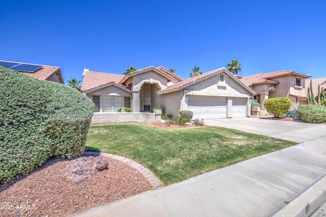 mediterranean / spanish-style house featuring driveway, a tile roof, a garage, a front lawn, and stucco siding