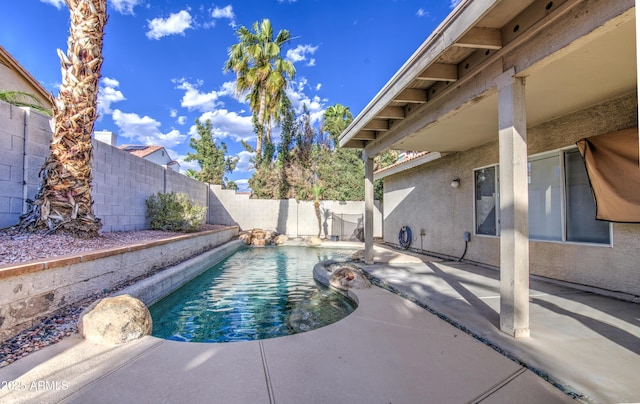 view of swimming pool with a fenced in pool, a fenced backyard, and a patio area