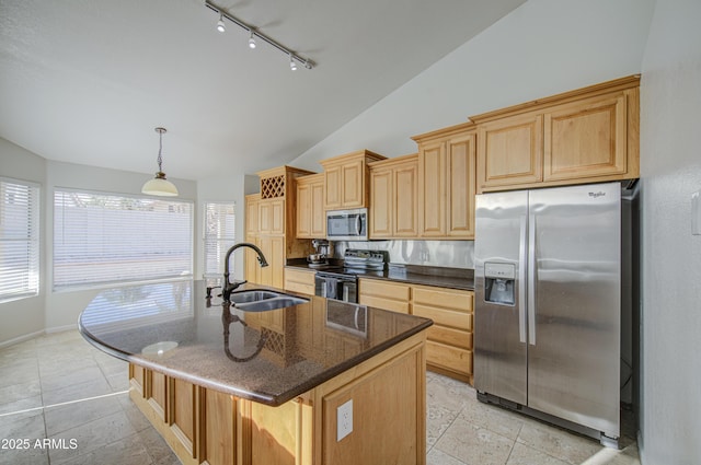 kitchen with a center island with sink, rail lighting, a sink, vaulted ceiling, and stainless steel appliances