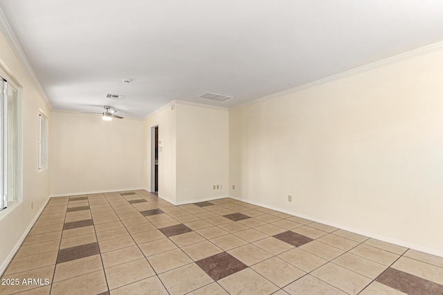 unfurnished room featuring light tile patterned flooring, ceiling fan, and ornamental molding