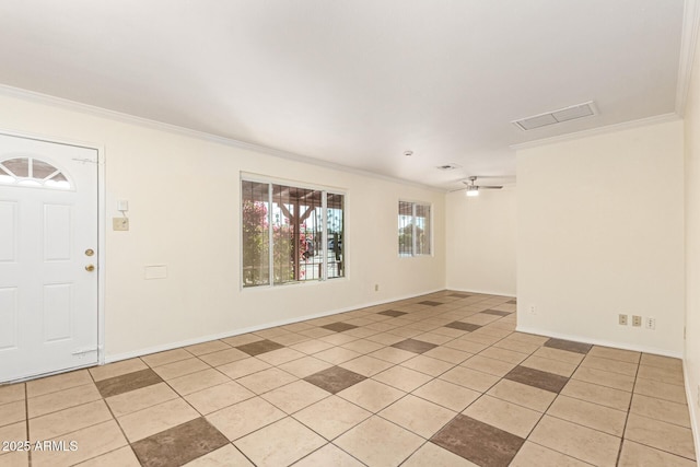 interior space with crown molding and ceiling fan