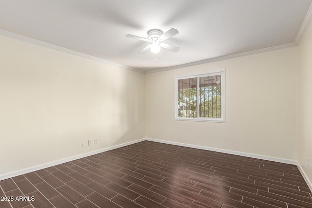 empty room featuring crown molding, dark hardwood / wood-style floors, and ceiling fan