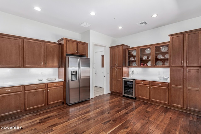30135 N 129th Gln, Peoria, AZ 85383 - kitchen featuring stainless steel fridge, beverage cooler, dark wood finished floors, backsplash, and recessed lighting