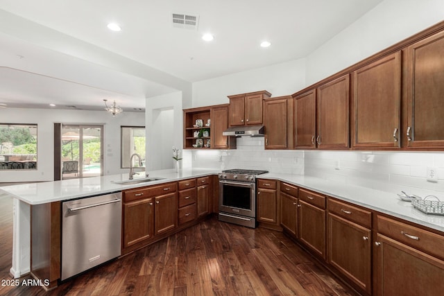 30135 N 129th Gln, Peoria, AZ 85383 - kitchen featuring stainless steel appliances, a sink, a peninsula, under cabinet range hood, and open shelves