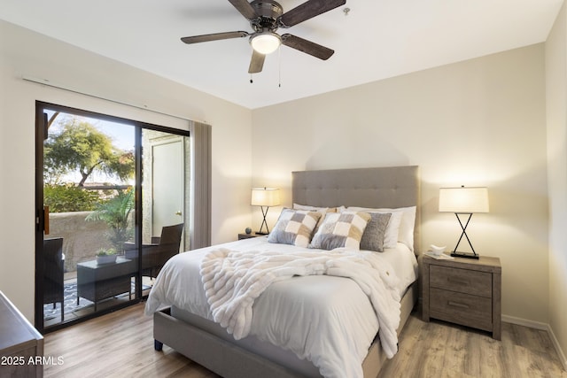 bedroom featuring access to exterior, light hardwood / wood-style flooring, and ceiling fan