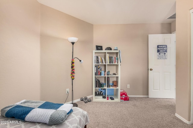 bedroom with carpet, visible vents, and baseboards