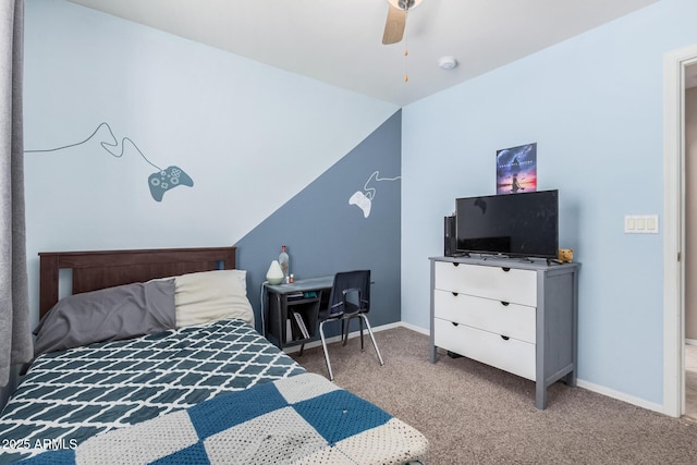 bedroom featuring lofted ceiling, carpet flooring, ceiling fan, and baseboards