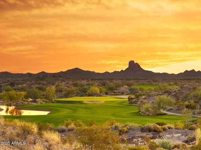 surrounding community featuring golf course view, a mountain view, and a yard