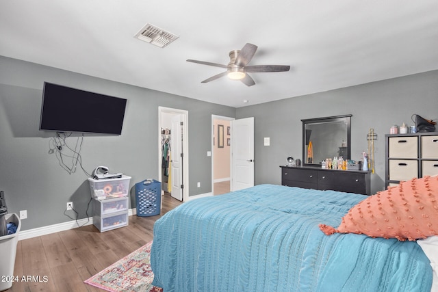 bedroom with hardwood / wood-style floors, ceiling fan, a walk in closet, and a closet