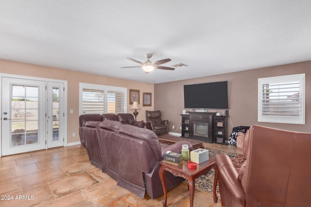 living room featuring ceiling fan