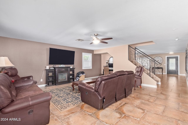 living room with ceiling fan