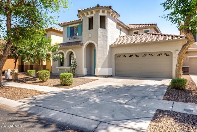 3875 E Claxton Ave, Gilbert, AZ 85297 - mediterranean / spanish house with stucco siding, a tile roof, driveway, and an attached garage