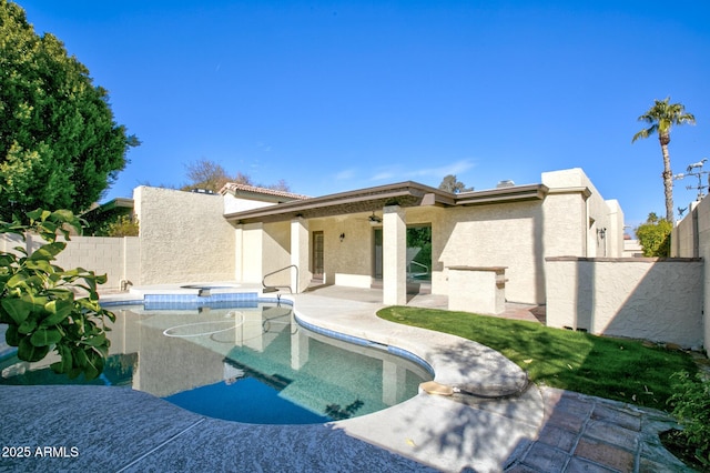 view of swimming pool featuring a fenced in pool, a patio, and a fenced backyard