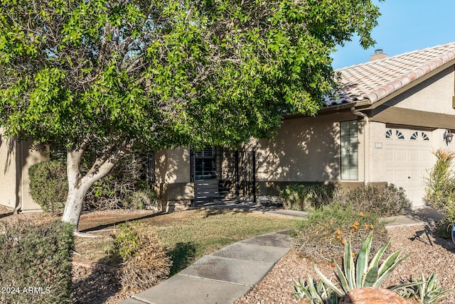 view of property hidden behind natural elements with a garage