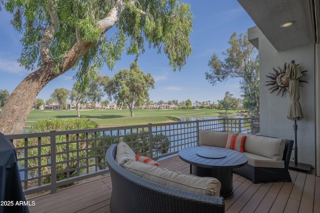 7272 E Gainey Ranch Rd Unit 29, Scottsdale, AZ 85258 - deck with an outdoor hangout area, view of golf course, and a water view