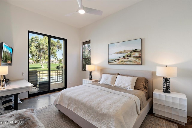7272 E Gainey Ranch Rd Unit 29, Scottsdale, AZ 85258 - bedroom featuring access to exterior, wood finished floors, and ceiling fan
