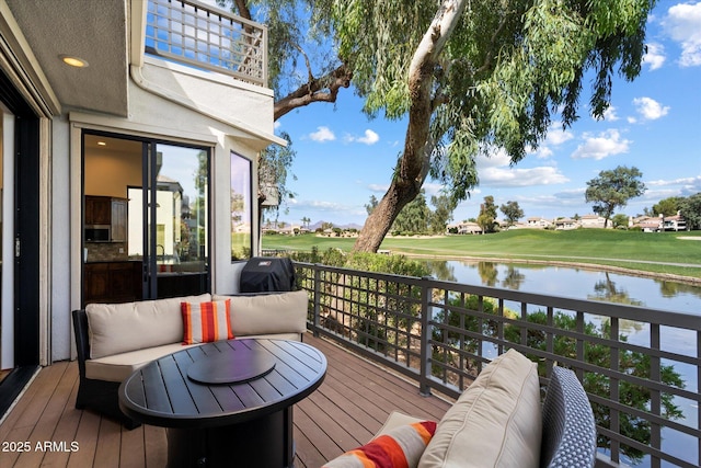 7272 E Gainey Ranch Rd Unit 29, Scottsdale, AZ 85258 - wooden deck featuring a water view, view of golf course, and area for grilling