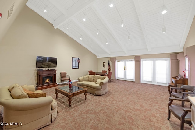 living room with light carpet, high vaulted ceiling, wooden ceiling, and beam ceiling