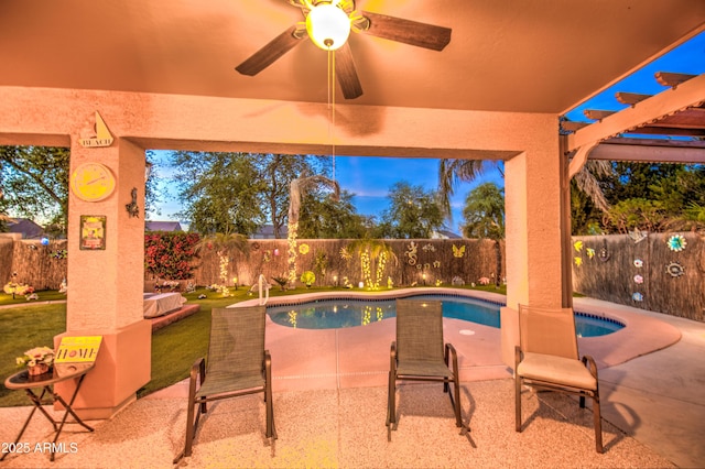 view of pool featuring a fenced backyard, a patio area, ceiling fan, and a fenced in pool