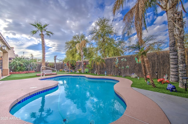 view of swimming pool with a fenced backyard, a fenced in pool, and a patio