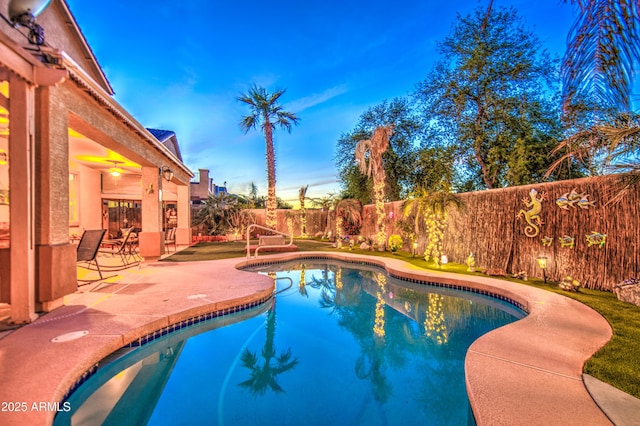 view of pool with a fenced in pool, a fenced backyard, and a patio area