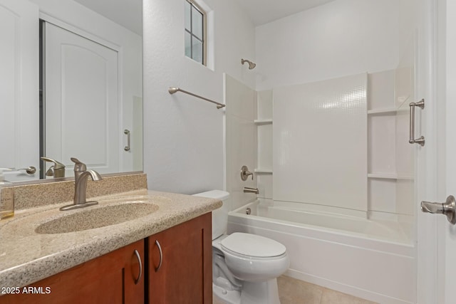 full bathroom with tile patterned flooring, vanity, bathing tub / shower combination, and toilet