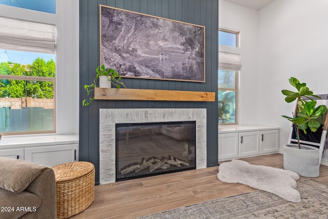 living room featuring a fireplace and light wood-type flooring