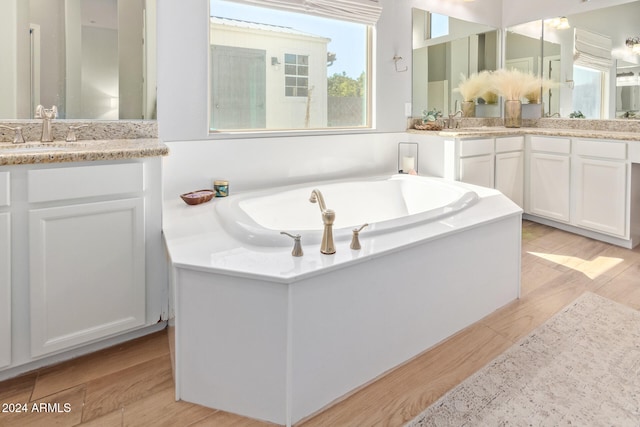 bathroom featuring a washtub, vanity, and hardwood / wood-style flooring