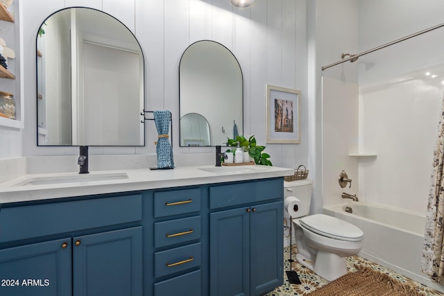 full bathroom with shower / tub combo with curtain, vanity, toilet, and tile patterned floors