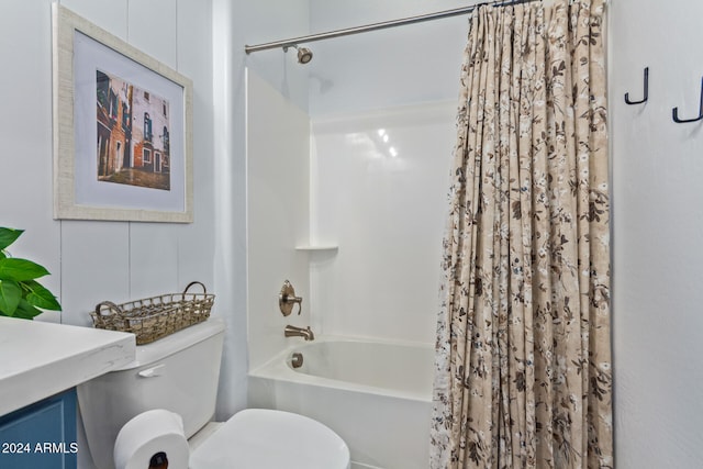 bathroom with toilet and shower / bathtub combination with curtain