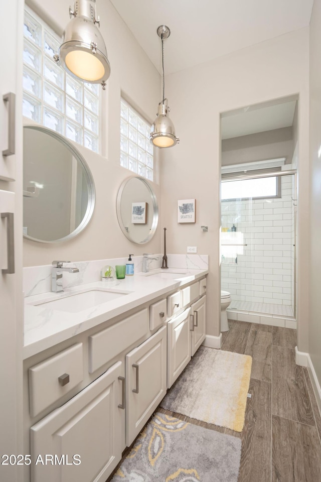 bathroom featuring an enclosed shower, vanity, and toilet