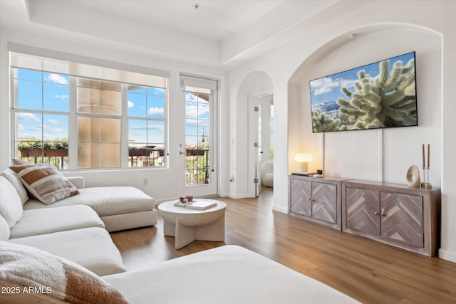 living room featuring arched walkways, wood finished floors, and a raised ceiling